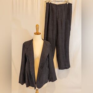 Eileen Fisher -Black/Brown Linen Blend Tweed open Jacket and Pants- medium